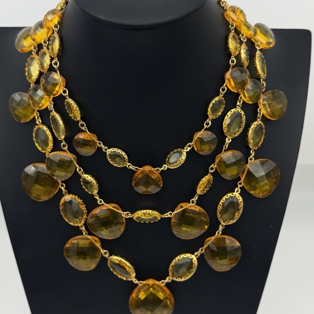 JOAN RIVERS Necklace Triple Strand Gold Tone Yellow Amber Faceted Drops Nice
